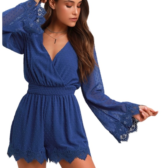 Lulus Pants - Lulu’s Romper Meadowlake Blue Swiss Dot Lace Bell Sleeve One Piece Blue XS NWT